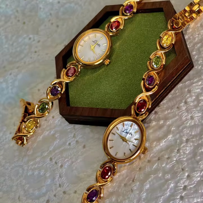 Natural Multicolor Tourmaline Embedded Watch Mather-Of-Pearl Dial Waterproof